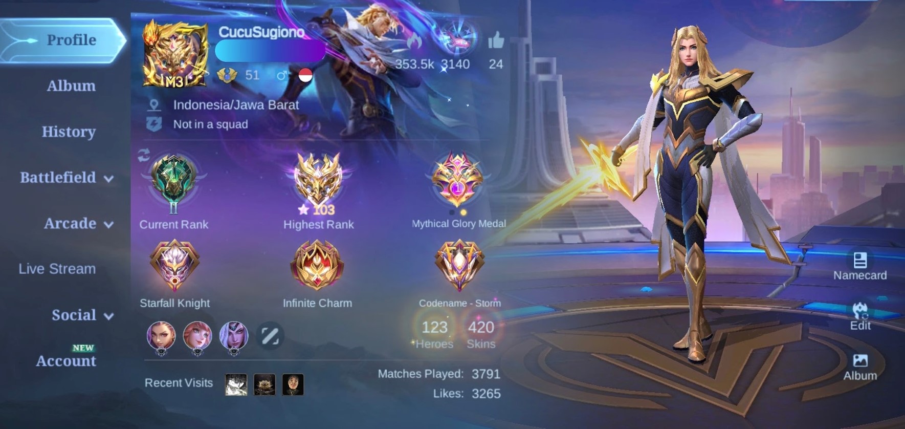 Hero Max|Skin 420|Emblem All Max|4 Legend|6 Collector|Dawning Lancelot & Bruno|Full KOF|3 Recall Epic Permanent #A019